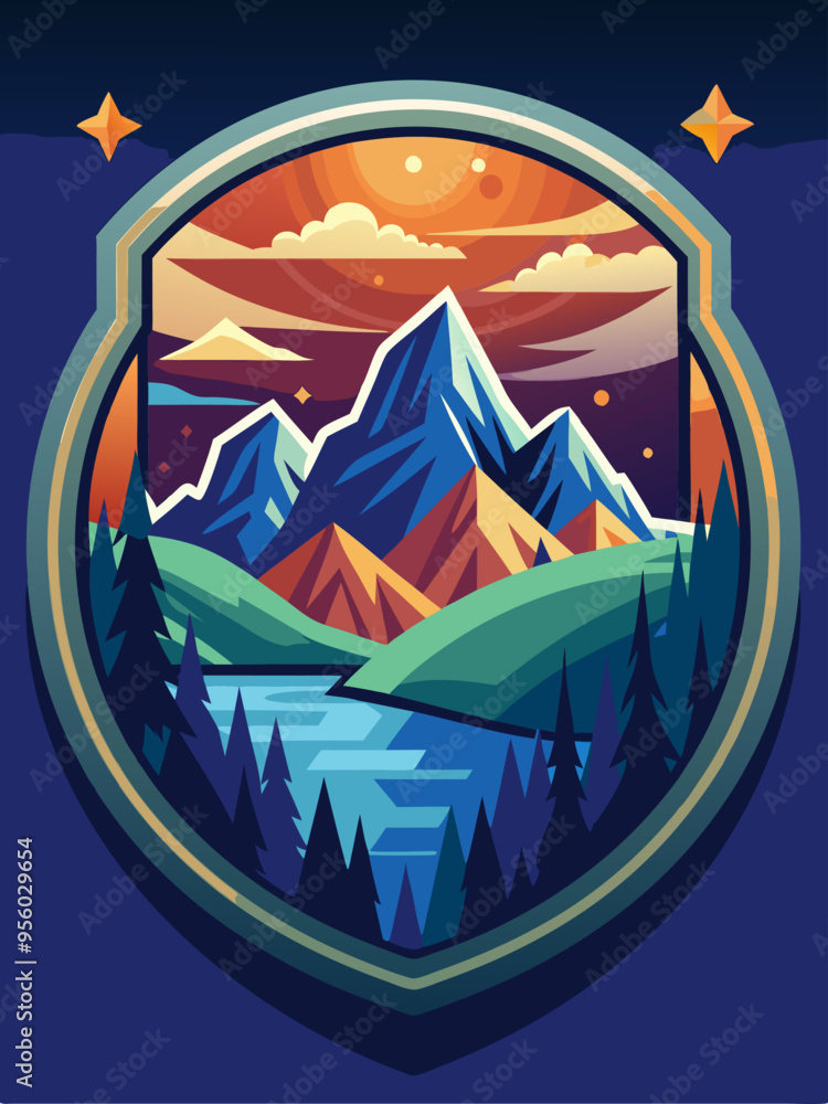 Majestic Mountain Range at Sunset with a Lake and Forest in a Shield Shape Majestic Mountain Range at Sunset with a Lake and Forest in a Shield Shape