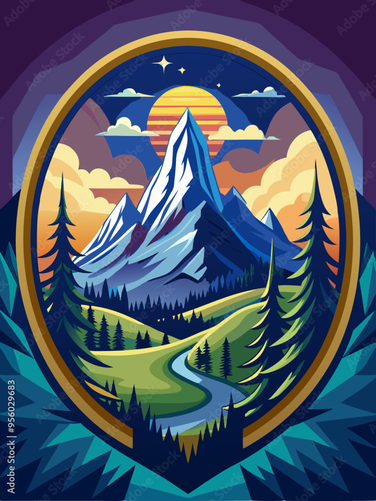Framed Mountain Landscape with Sunset and Winding River Framed Mountain Landscape with Sunset and Winding River