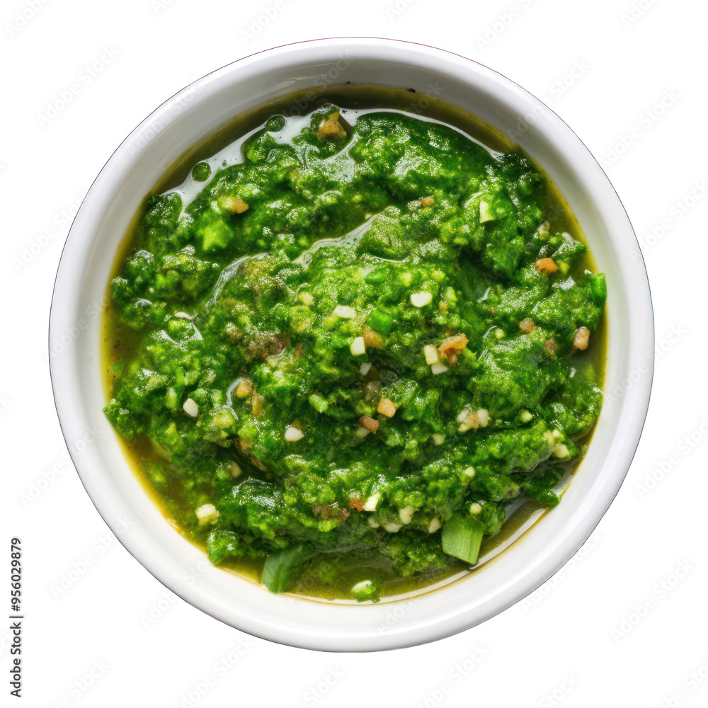 Argentinian chimichurri sauce with parsley on white bowl on transparent background