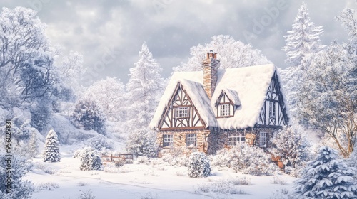 Winter landscape in watercolor style featuring a cozy snowbound half timbered rural house surrounded by snow covered pine trees on a frosty day Digital art created from 3D rendering