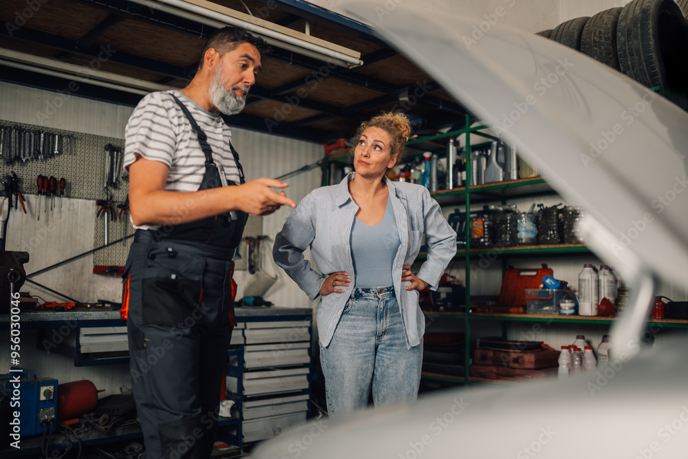 Auto mechanic explaining customer problem with her car at workshop. Auto mechanic explaining customer problem with her car at workshop.
