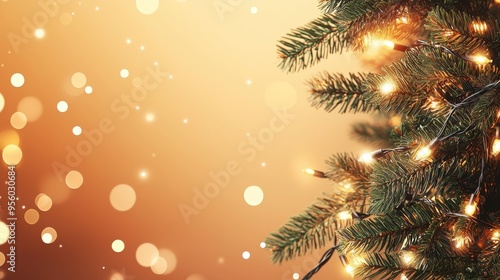 3h A christmas banner with warm color, fir tree, string of fairy light photo