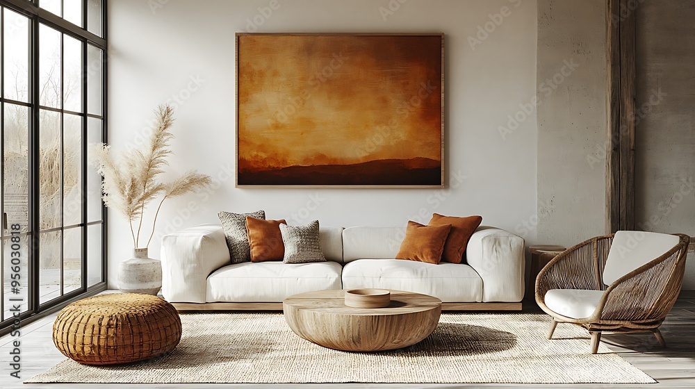 Modern Scandinavian living room, abstract wall art with minimalist geometric shapes, muted colors on white walls, light wood furniture, large windows, natural light enhancing the space, Modern Scandinavian living room, abstract wall art with minimalist geometric shapes, muted colors on white walls, light wood furniture, large windows, natural light enhancing the space,