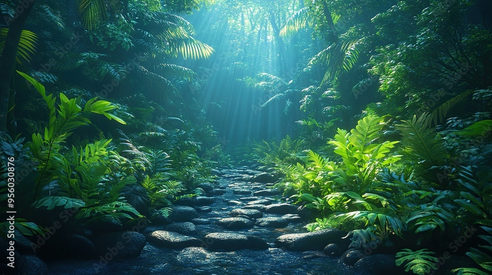 Fototapeta premium Sunbeams Illuminating a Lush, Tropical Stream