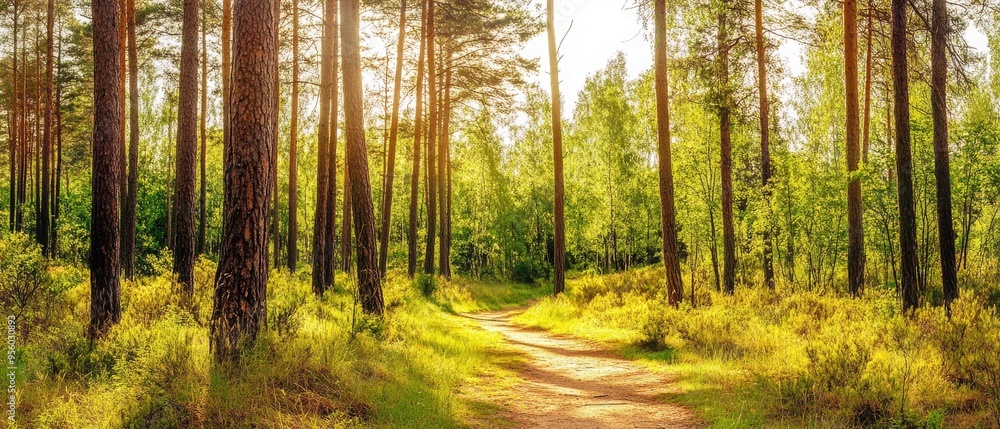 pine forest panorama in summer. Pathway in the park pine forest panorama in summer. Pathway in the park