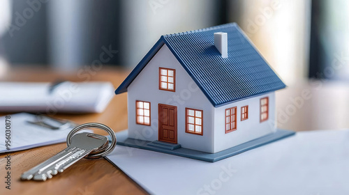 Real estate office with property listings and client meetings, professional and welcoming tones, space for text
