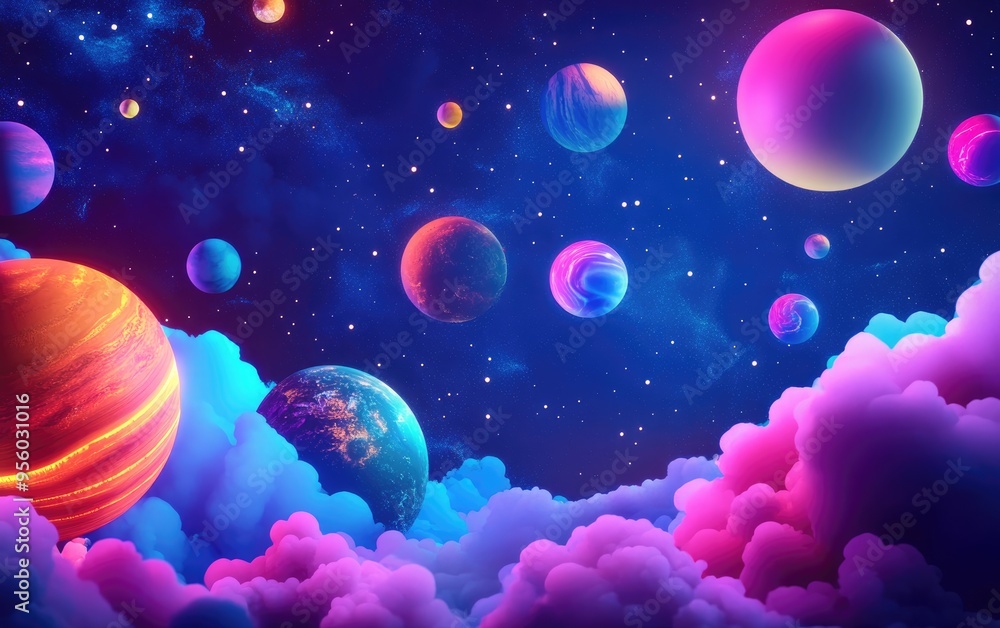 Cosmic art background featuring a 3D cartoon rendering of planets and galaxies showcasing the beauty of deep space and billions of galaxies in the universe 3D illustration Cosmic art background featuring a 3D cartoon rendering of planets and galaxies showcasing the beauty of deep space and billions of galaxies in the universe 3D illustration