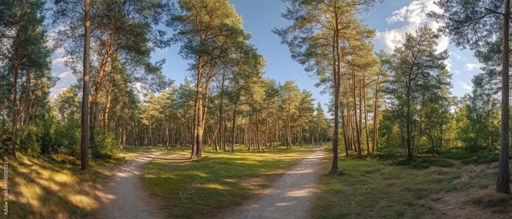 pine forest panorama in summer. Pathway in the park pine forest panorama in summer. Pathway in the park