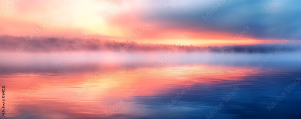 A breathtaking view of a misty lake bathed in the soft, warm colors of dawn. The sky is ablaze with shades of red, pink, and orange as the first light of the day reflects off the calm waters A breathtaking view of a misty lake bathed in the soft, warm colors of dawn. The sky is ablaze with shades of red, pink, and orange as the first light of the day reflects off the calm waters