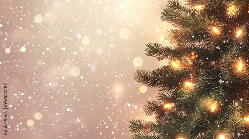 3h A christmas banner with warm color, fir tree, string of fairy light photo