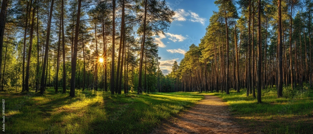Obraz premium pine forest panorama in summer. Pathway in the park