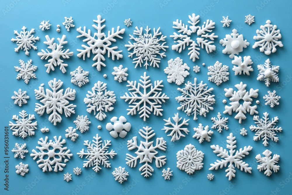 White snowflakes scattered on a blue background. Perfect for winter, holiday, or Christmas themes. White snowflakes scattered on a blue background. Perfect for winter, holiday, or Christmas themes.