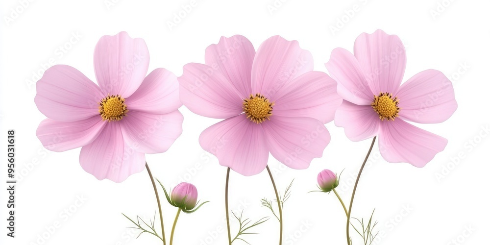 Isolated on a white background light pink Cosmos flowers in a 3D cartoon rendering Isolated on a white background light pink Cosmos flowers in a 3D cartoon rendering