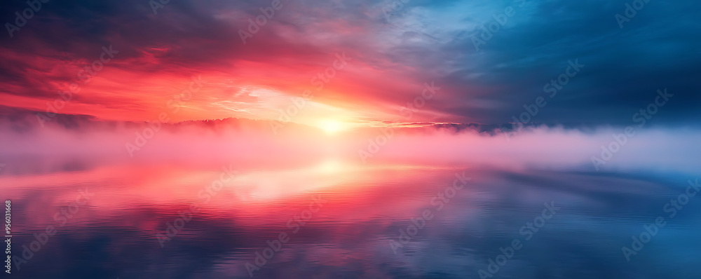 Obraz premium A breathtaking view of a misty lake bathed in the soft, warm colors of dawn. The sky is ablaze with shades of red, pink, and orange as the first light of the day reflects off the calm waters