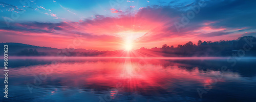 A breathtaking view of a misty lake bathed in the soft, warm colors of dawn. The sky is ablaze with shades of red, pink, and orange as the first light of the day reflects off the calm waters