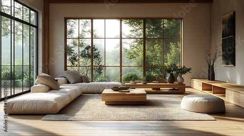 Modern Scandinavian living room, minimalistic furniture, light wood accents, simple and clean design, neutral palette, large windows, sunlight enhancing the space, spacious and uncluttered,