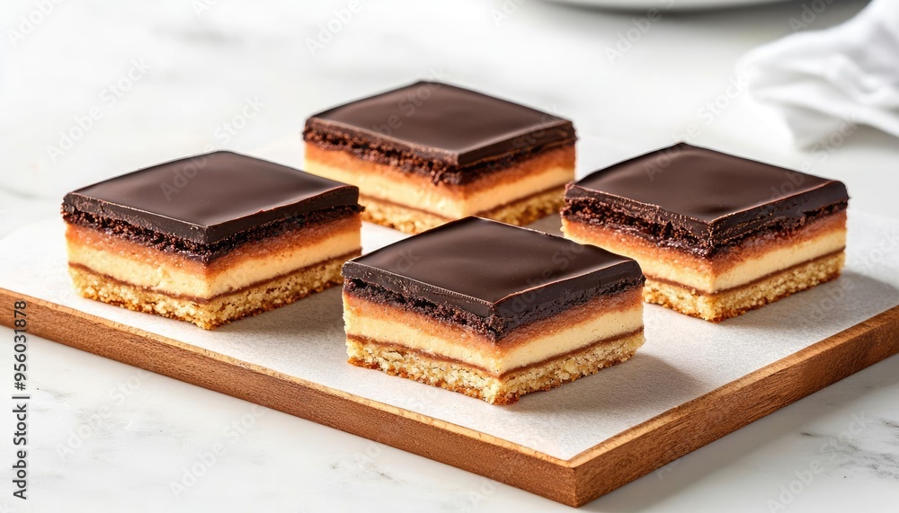 Layered cookie bars with a rich chocolate topping, decadent and satisfying tones, space for text Layered cookie bars with a rich chocolate topping, decadent and satisfying tones, space for text
