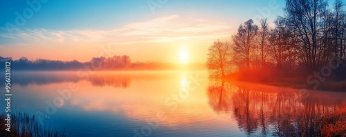 A breathtaking view of a misty lake bathed in the soft, warm colors of dawn. The sky is ablaze with shades of red, pink, and orange as the first light of the day reflects off the calm waters