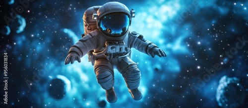 Fototapeta Naklejka Na Ścianę i Meble -  High resolution deep space image featuring a 3D cartoon astronaut perfect for science fiction fantasy themes wallpapers and prints