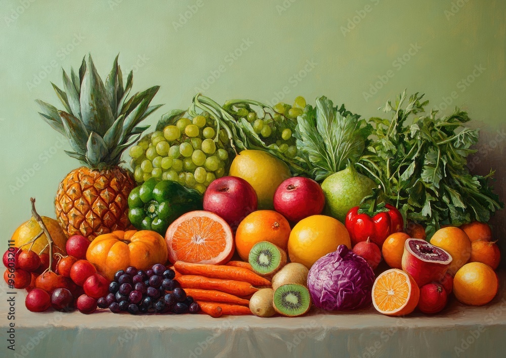 Vibrant oil painting depicting assorted fruits and vegetables against a soft green background showcasing a panoramic view of colorful produce Vibrant oil painting depicting assorted fruits and vegetables against a soft green background showcasing a panoramic view of colorful produce