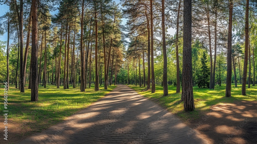 Obraz premium pine forest panorama in summer. Pathway in the park
