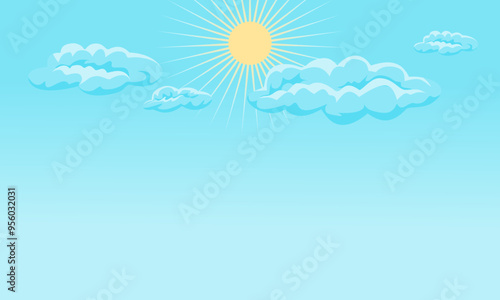 Bright blue sky background with sun and clouds.