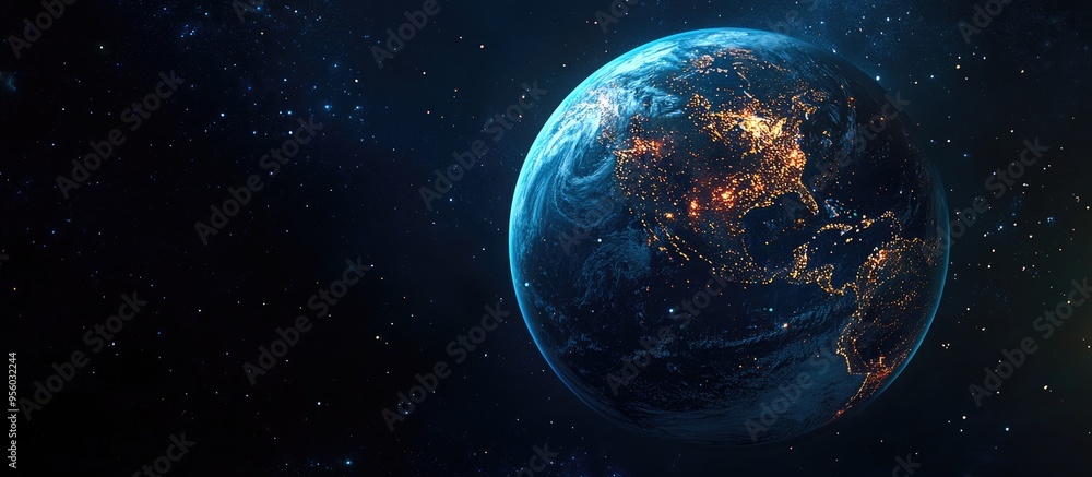 Abstract wallpaper featuring a nighttime Earth in a 3D cartoon rendering showcasing city lights and civilization Abstract wallpaper featuring a nighttime Earth in a 3D cartoon rendering showcasing city lights and civilization