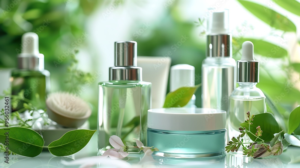 A mix of various cosmetic products having a plant extract A mix of various cosmetic products having a plant extract