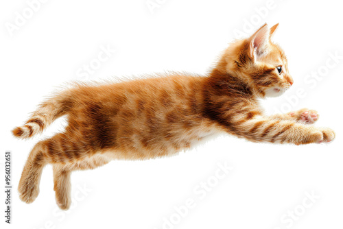 A playful ginger cat leaps effortlessly through the air, showcasing its agility and playful nature.