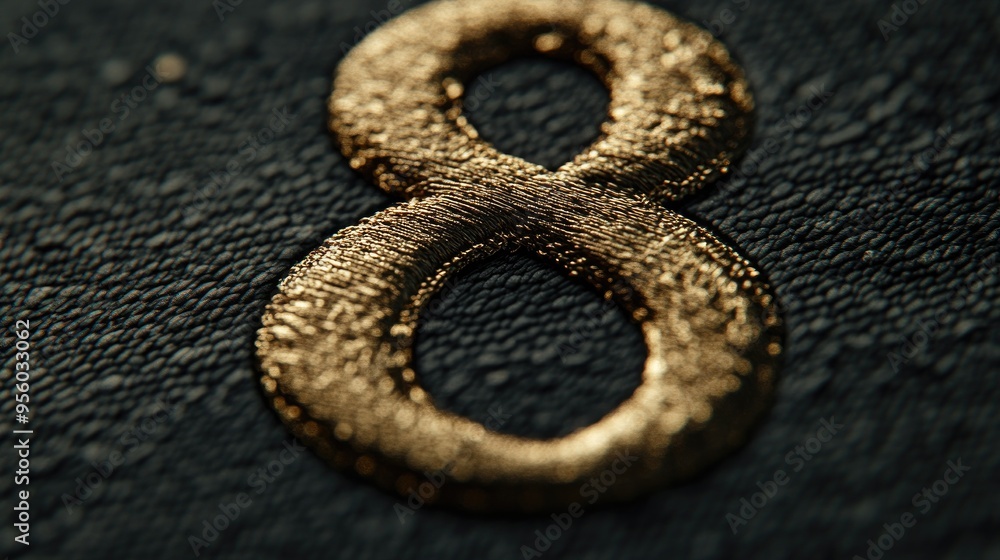 The number eight represented in elegant gold thread on a dark surface The number eight represented in elegant gold thread on a dark surface