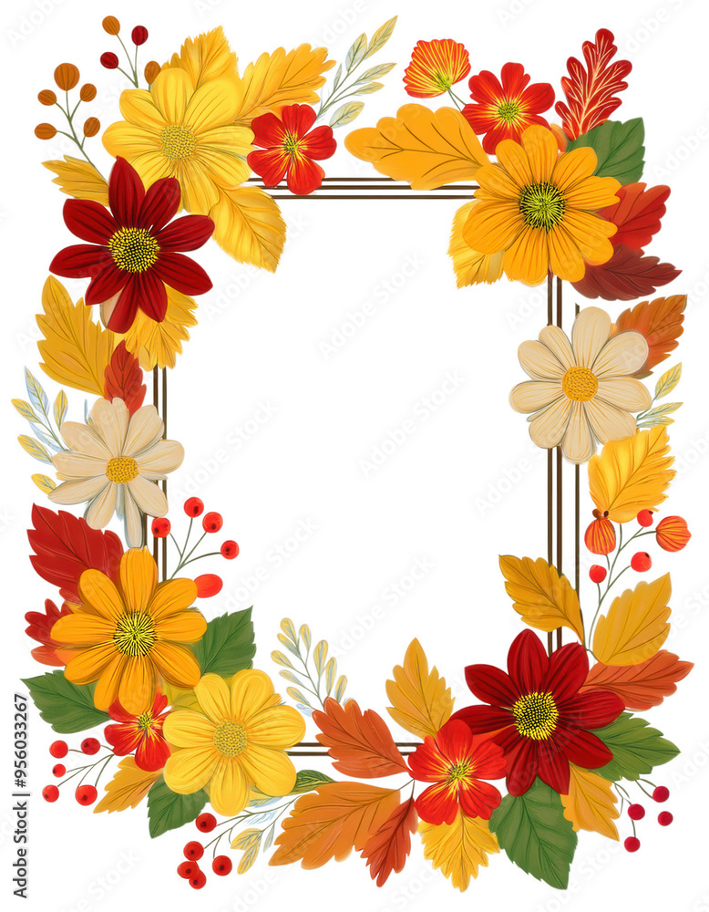 Wooden frame with autumn leaves and flowers, isolated on transparent background Wooden frame with autumn leaves and flowers, isolated on transparent background