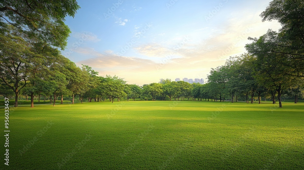 beautiful morning light in public park with green grass field an beautiful morning light in public park with green grass field an