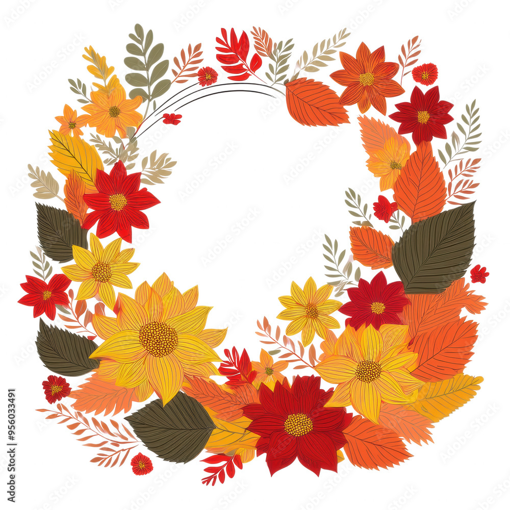 Obraz premium Wooden frame with autumn leaves and flowers, isolated on transparent background