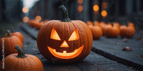 Jack-o'-lantern with a cheerful grin, ideal for Halloween decor. photo