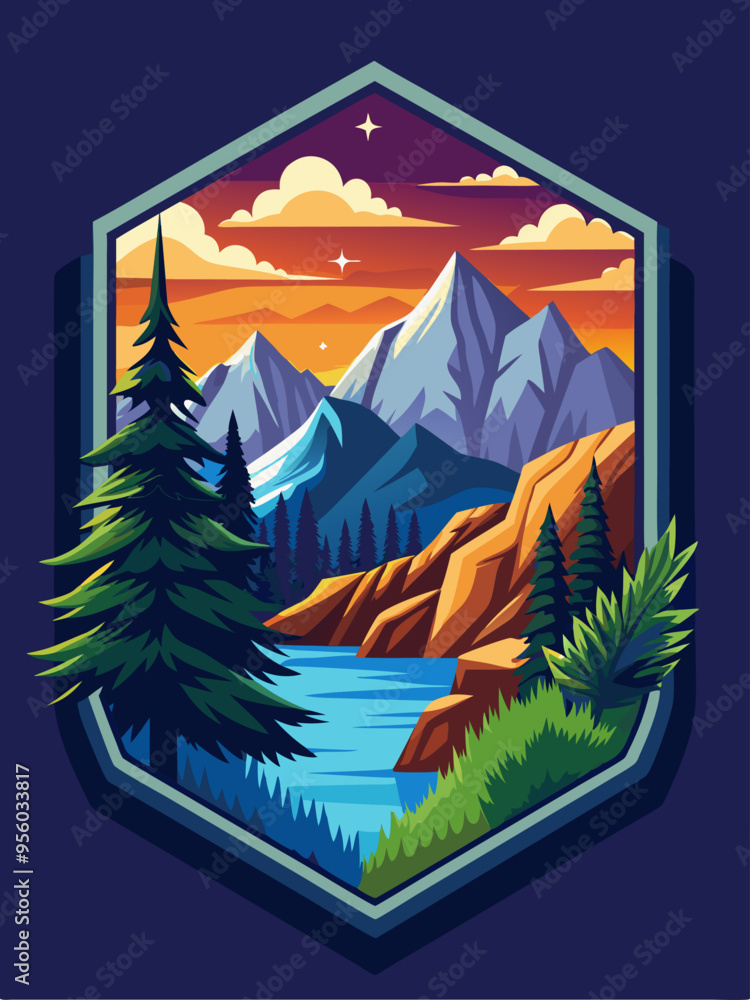 Mountainous Landscape with River, Trees, and Sunset Sky Mountainous Landscape with River, Trees, and Sunset Sky
