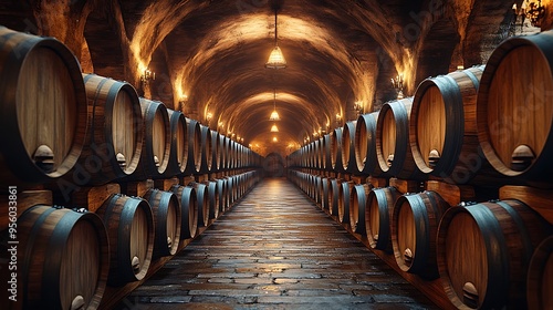 A long corridor in a wine cellar lined with oak barrels, the dim light creating a warm glow on the wood, deep shadows adding depth and texture, a quiet and serene ambiance, HD quality, photo