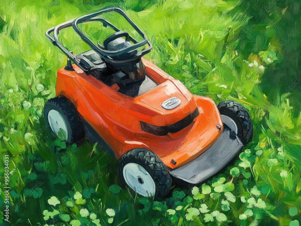 Obraz premium Oil painting depicting a lawn mower trimming clover and grass with a focus on lawn upkeep and landscape maintenance