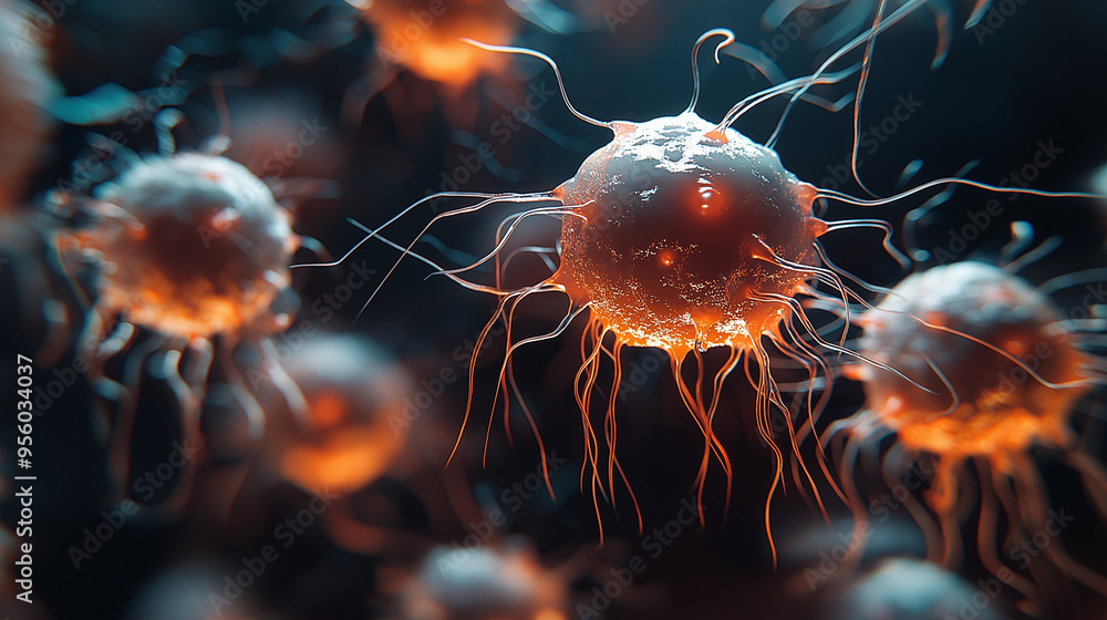 A vibrant scientific image showing nanoparticles targeting cancer cells ...