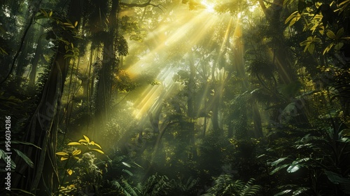 A dense, ancient forest with sunlight filtering through the canopy, casting a golden glow