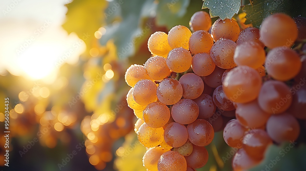 Fototapeta premium A macro shot of ripe grapes on the vine, glistening with morning dew, the soft light creating a warm, inviting glow, surrounded by blurred foliage, capturing the freshness of the vineyard,