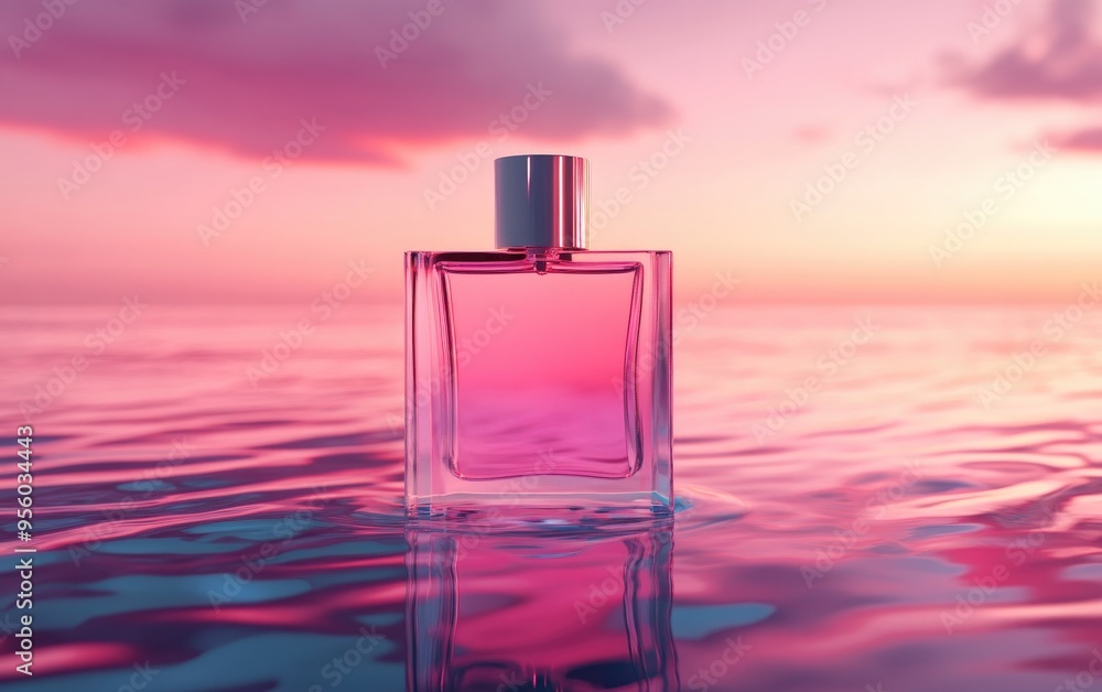 Glass perfume bottle display on water mockup scene premium photo 3D render Glass perfume bottle display on water mockup scene premium photo 3D render