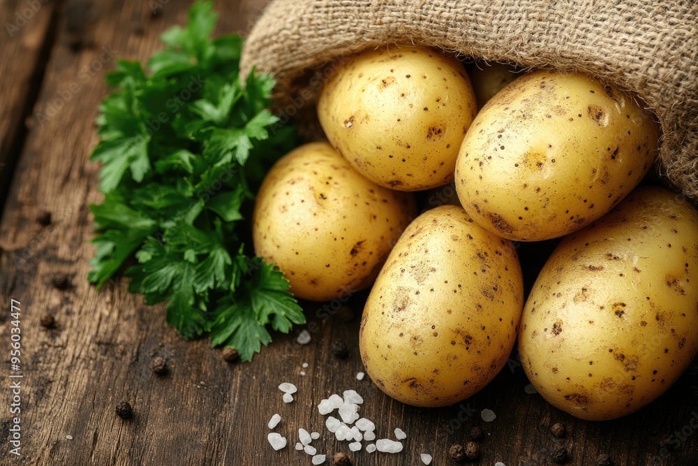 Fresh potatoes in a burlap sack. Perfect for rustic food or cooking visuals. Fresh potatoes in a burlap sack. Perfect for rustic food or cooking visuals.