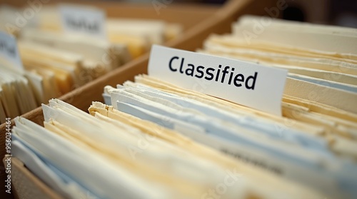 Close-up of classified file folders in an organized office setting