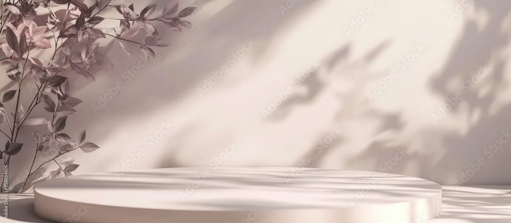 Subtle botanical backdrop with shadow on the surface trendy frame cover card postcard Display pedestal stand showcase on soft light background for high end product 3D render Subtle botanical backdrop with shadow on the surface trendy frame cover card postcard Display pedestal stand showcase on soft light background for high end product 3D render