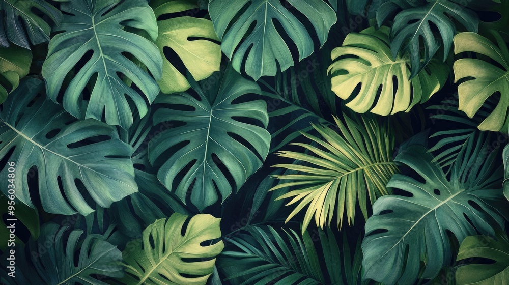 Exotic vegetation featuring palm leaves with a Hawaiian influence Mediterranean design elements botanical artwork floral patterns tropical decor and inspired tile motifs Exotic vegetation featuring palm leaves with a Hawaiian influence Mediterranean design elements botanical artwork floral patterns tropical decor and inspired tile motifs