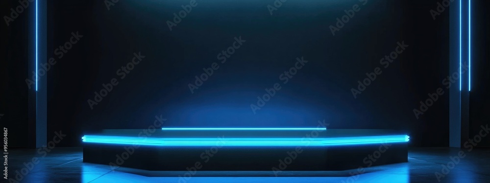 Black podium featuring blue neon lighting and decorative elements Stand designed for product display Stage setup with ample copy space Black pedestal for showcasing items Banner sized format Websi Black podium featuring blue neon lighting and decorative elements Stand designed for product display Stage setup with ample copy space Black pedestal for showcasing items Banner sized format Websi