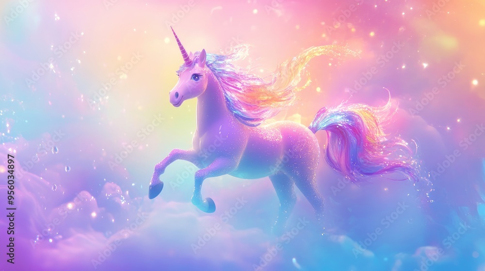 Holographic background featuring a 3D cartoon rendering of a unicorn with fluid elements designed as a colorful girly flyer Soft multicolor invitation showcasing shiny glitter abstract texture and Holographic background featuring a 3D cartoon rendering of a unicorn with fluid elements designed as a colorful girly flyer Soft multicolor invitation showcasing shiny glitter abstract texture and