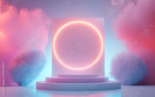 Podium featuring abstract geometric elements and shapes designed for product display and presentation in a 3D rendered scene with soft focus photo