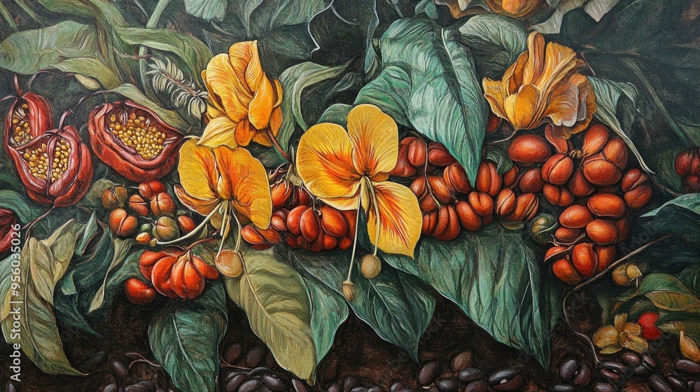 Oil painting depicting bean flowers and fruits in a natural setting showcasing their vibrant colors and intricate details Oil painting depicting bean flowers and fruits in a natural setting showcasing their vibrant colors and intricate details