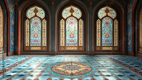 Mosaic material designs for floors and walls featuring stained glass windows in an Oriental style and Persian relief patterns for area rugs Creative decorative backdrop